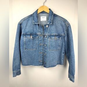 Old Navy Women Cropped Raw Cutoff Denim Jacket Medium Wash Cotton Relaxed Fit XS